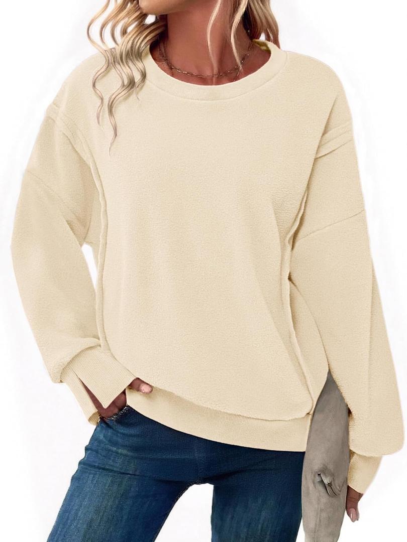 Zeagoo Women's Casual Sweatshirts Crewneck Long Sleeve Fuzzy Fleece Jackets Side Slit Midweight Pullover Fall Fashion 2025 (M)