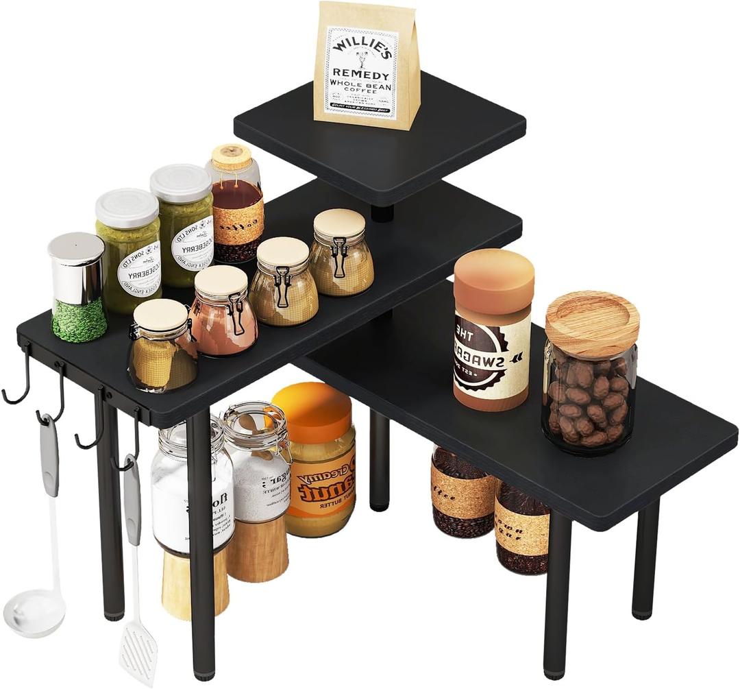 IBUYKE Countertop Organizer,3-Tier Spice Racks,Kitchen Counter Corner Shelf,4 Side Hooks,Adjustable Countertop Shelf for Kitchen, Bathroom, Coffee Bar, Cabinet, Desk,Black,TLJ023B (1 pack (Improved))