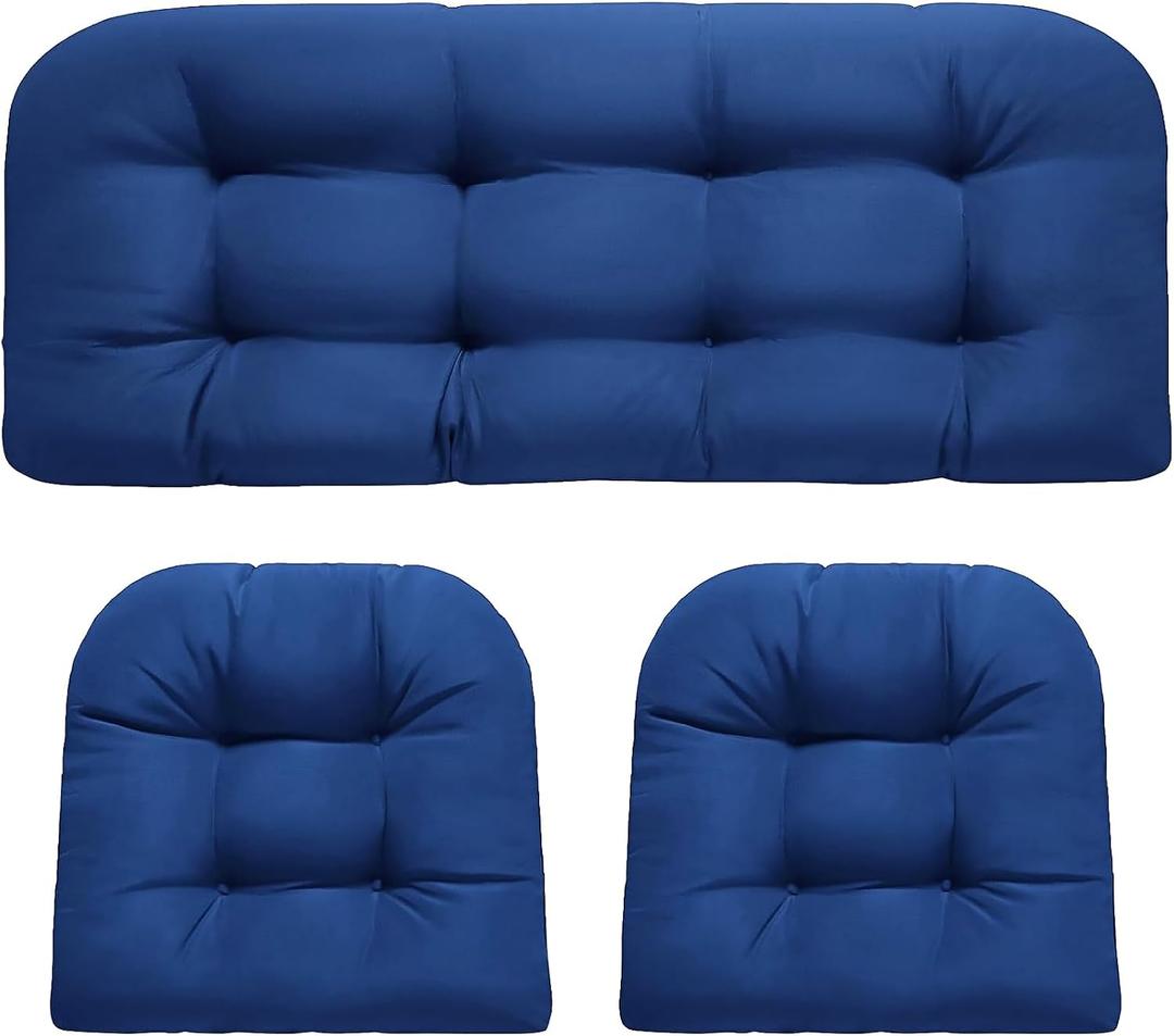 Wicker Chair Cushions 3 Piece Set, Outdoor Loveseat Wicker Cushions for Patio Furniture Settee, Waterproof Wicker Patio Furniture Loveseat Cushions, 1 Loveseat and 2 U-Shaped Cushions, Blue