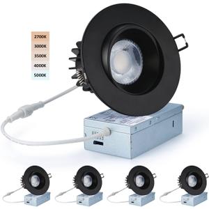 Canless Recessed Gimbal Downlight - Suitable for 20ft High Ceiling 1200lm 4 Inch 15W LED Rotatable Eyeball Spotlight, 5CCT Dimmable Lights with Junction Box, Anti-Glare, Black 4 Pack