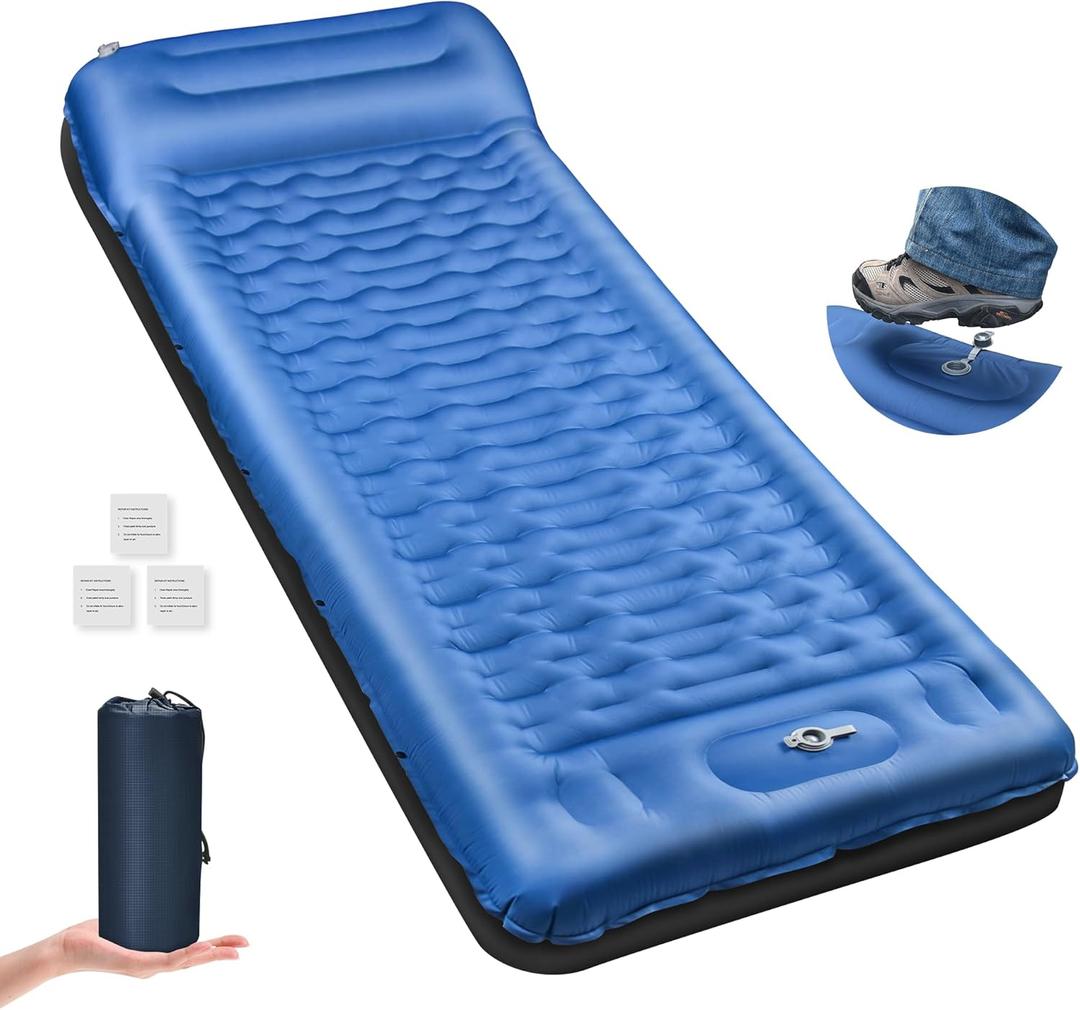 Camping Sleeping Pad, 6.8'' Extra Thickness Reinforced Sleeping Pad for Camping with Pillow Built-in Foot Pump, 79 * 28IN Ultralight Self Inflating Air Mattress Mat for Backpacking Hiking Tent (Single, Blue)