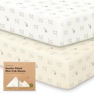 2-Pack Mini Crib Sheets Fitted - 38x26 Pack N Play Sheets for Pack and Play Mattress, Organic Cotton, Soft & Breathable Playard Bedding, Neutral Mini Toddler Bed Cover for Boys, Girls (Bumble Bear)
