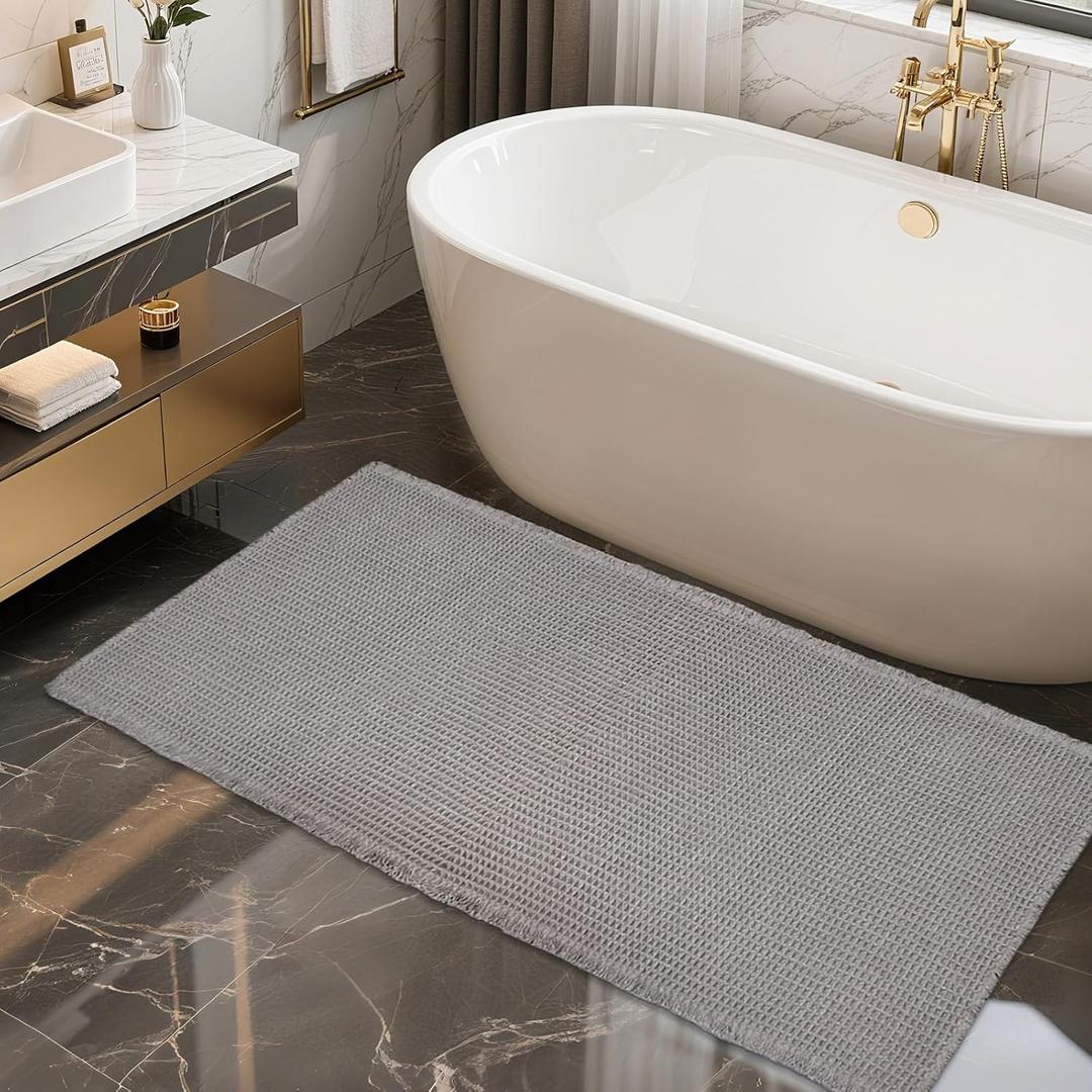 ZALL Grey Waffle Bath Mat,Super Absorbent Non Slip Bathroom Rug,Gray 24x48inch,Machine Washable Ultra Soft Floor Mats