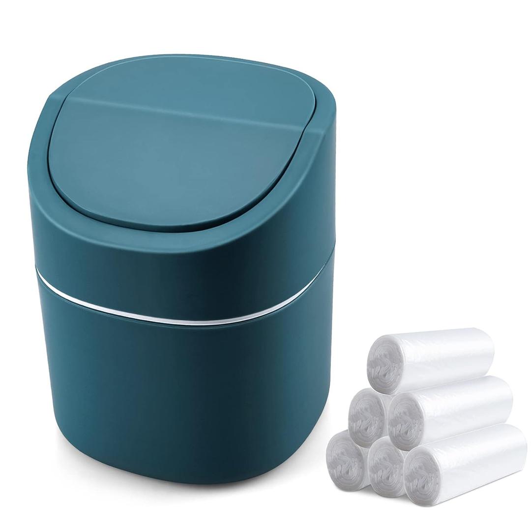 Mini Desk Trash Can with Lid with Trash Bags 180 Pcs Swing-Lid Tiny Countertop Garbage Bin Small Table Top Plastic Covered Waste Basket (Blue)