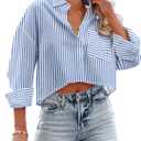 Button Down Crop Tops for Women Cropped Striped Shirts Dressy Casual Collared Blouses Summer Lightweight Tee Top (Medium, Striped Blue and White)