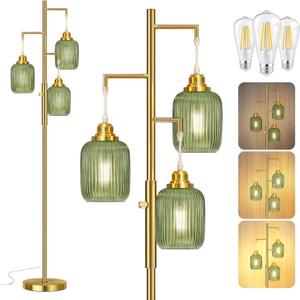 ROTTOGOON Dimmable Gold Floor Lamp for Living Room- 3 Light Green Glass Floor Lamps, Vintage Brass Tree Floor Lamps with 3X 6W LED Bulbs, Modern Standing Tall Lamp for Bedroom, 68", Gold & Green Glass