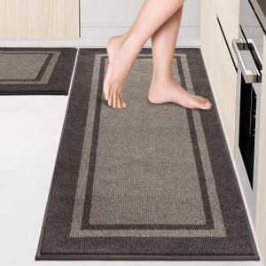 Kitchen Rugs Set (24" x 36"+24" x 60"), Non-Slip Machine Washable Kitchen Runner Rugs Floor Mats, Absorbent Comfort Standing Mat for Kitchen, Sink and Hallway, Rolled Packaging, Grayish Brown & Coffee