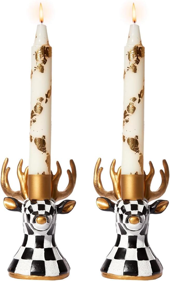 WDS WONDROUS Christmas Candle Holders Reindeer Black White Set of 2  Deer Taper Candle Holders with Gold Antlers & Check Pattern, Holiday Candlestick Holders for Table Centerpiece, Mantel & Gift