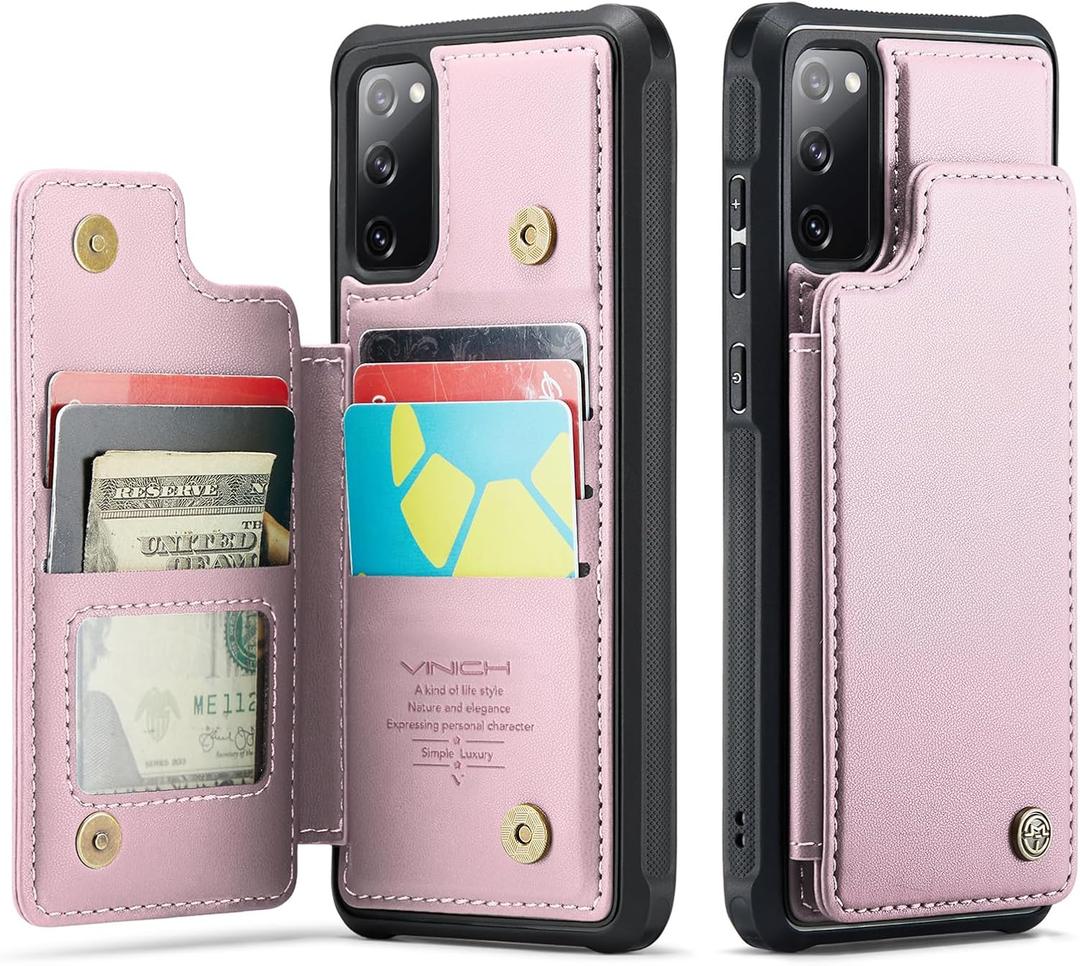 Vinich for Samsung Galaxy S20 FE Wallet Case with Card Holder, RFID Blocking Credit Slots Kickstand Shockproof Phone Cover for Women Men, Rose Gold