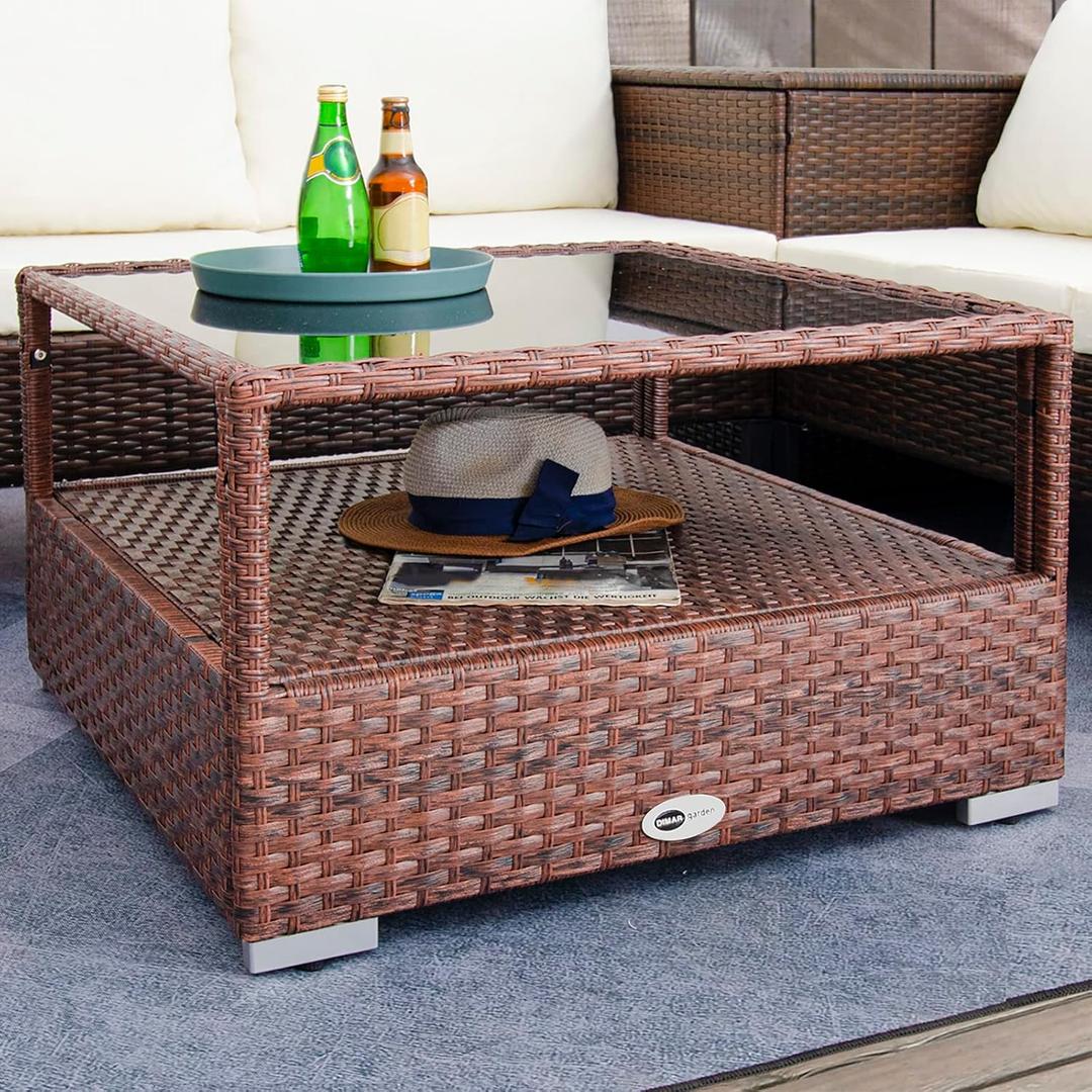 DIMAR GARDEN Outdoor Coffee Table Wicker Patio Rattan Side Table with Glass Top and Storage Shelf,29.5in Mixed Brown