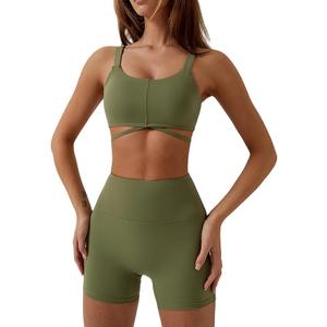 ABOCIW Workout Sets for Women 2 Piece Twist Front Halter Sports Bras High Waist Biker Shorts Exercise Gym Yoga Outfit , Size M