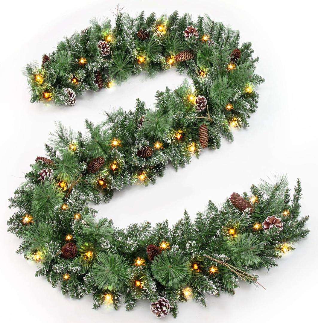 Jin&Bao 9FT Christmas Garland with Lights, 100 LED Prelit Green Pine Garland Christmas Decorations with Timer Function, 3AA Battery Operated Xmas Garland Fireplace Door Stairs Home Outdoor