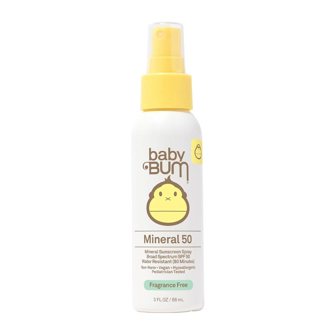 Sun Bum Baby Bum SPF 50 Sunscreen Spray | Mineral UVA/UVB Face and Body Protection for Sensitive Skin | Fragrance Free | Travel Size | 3 FL OZ (3 Fl Oz (Pack of 1)), Best By 04, 2026