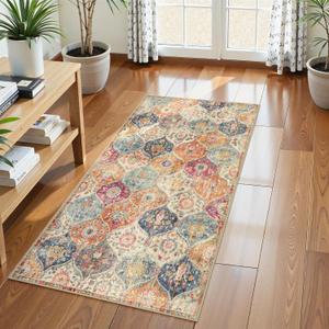 Lahome Kitchen Rugs Non Slip Washable Rugs for Entryway, 2x4 Rug Non-Slip Moroccan Trellis Ultra-Thin Indoor Door Mat Small Carpet for Bathroom Bedroom Entry Elise, Cream/Multi (Burnt Orange/Teal Multi)