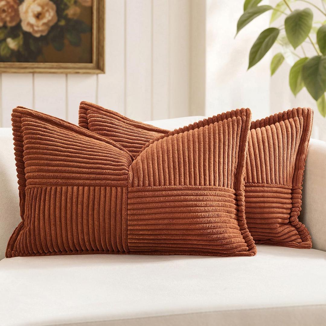 MIULEE Dark Rust Fall Decorative Lumbar Throw Pillow Covers for Couch Bed Livingroom 12x20 Inch Set of 2 Boho Accent Throw Pllows Broadside Striped Patchwork Soft Corduroy Pillowcases