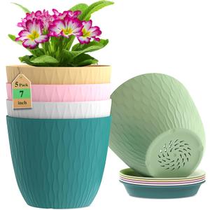 WSMKSZ 7 inch Plant Pots, 5 Pack Flower Pots with Drainage Holes and Saucers for Indoor Plants, Plastic Planters with Water Ripple for Small Garden House Plants, Nursery Pots for Succulent, Colorful