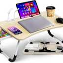 Aerolife Portable Laptop Bed Desk, Foldable Laptop Table with USB Port, Storage Drawer, Cup Holder & Tablet Slot, Adjustable Lap Desk Stand - Natural