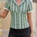 Tankaneo Womens Puff Sleeve Plaid Shirts Gingham Tops Y2k Summer Button Down Blouse Trendy Cute Fitted Going Out Tops (Green)