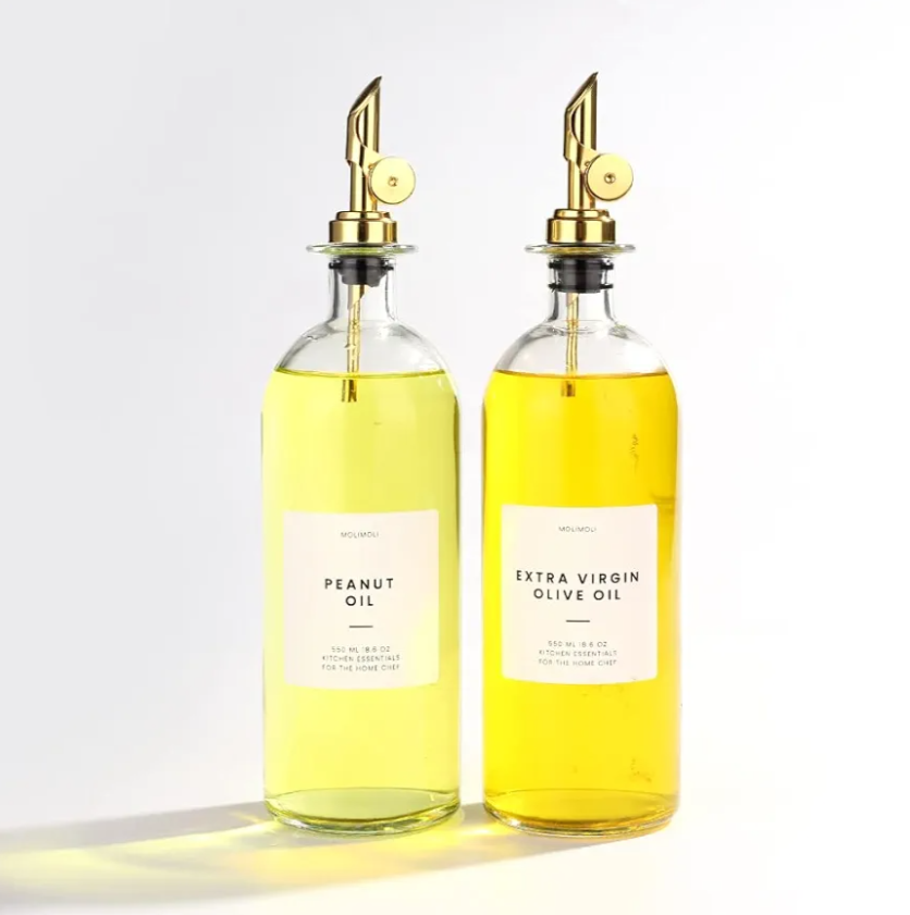 Molimoli Oil and Vinegar Dispenser with Metal Pour Spout, Weighted Pourer, Glass Bottle Dispenser for Kitchen, Olive Oil Cruet, Glass Olive Oil Bottle | 500ml, Set of 2