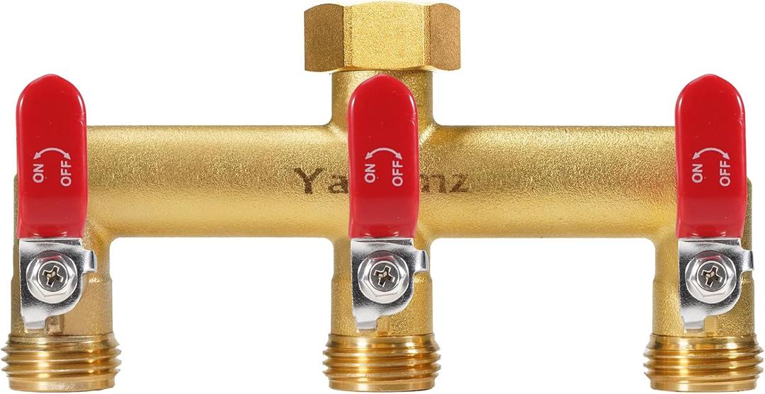 Yayamz Garden Hose Splitter, 3/4 Rust and Freeze Resistant Outdoor Hose Manifold with 3 Red Extra Long Handles Faucet Adapter-Heavy Duty Brass 3-Way Valve