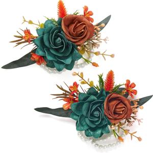 Serwalin 2 Pcs Wrist Corsage, 6-7 Inch Teal Orange Corsage for Wedding, Bridesmaid Mother Grandmother, Artificial Flowers for Prom Ceremony Anniversary