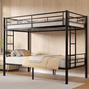 VECELO Bunk Bed Twin Over Twin, Metal Bunkbed Frame with Ladder and Guardrail, Space Saving, No Box Spring Needed, Classic Black