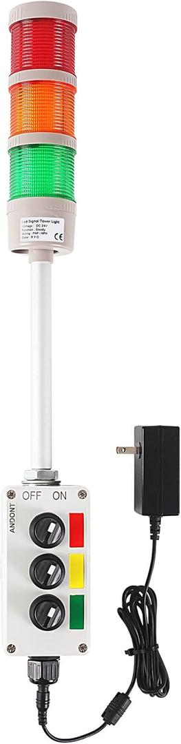 3 Stack Super Bright LED Andon Tower Lights, Red/Yellow/Green, Off-ON, 6 ft Industrial Adapter, IP65, 2.36" Diameter 15.6" Length, Plug Play Ready