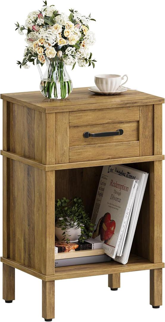 Farmhouse Nightstand with Drawer, Small Wood Bedside Table, Small Rustic Side Table, Modern End Table with Drawer, Wooden Walnut Brown Night Stand for Bedroom LET512DR