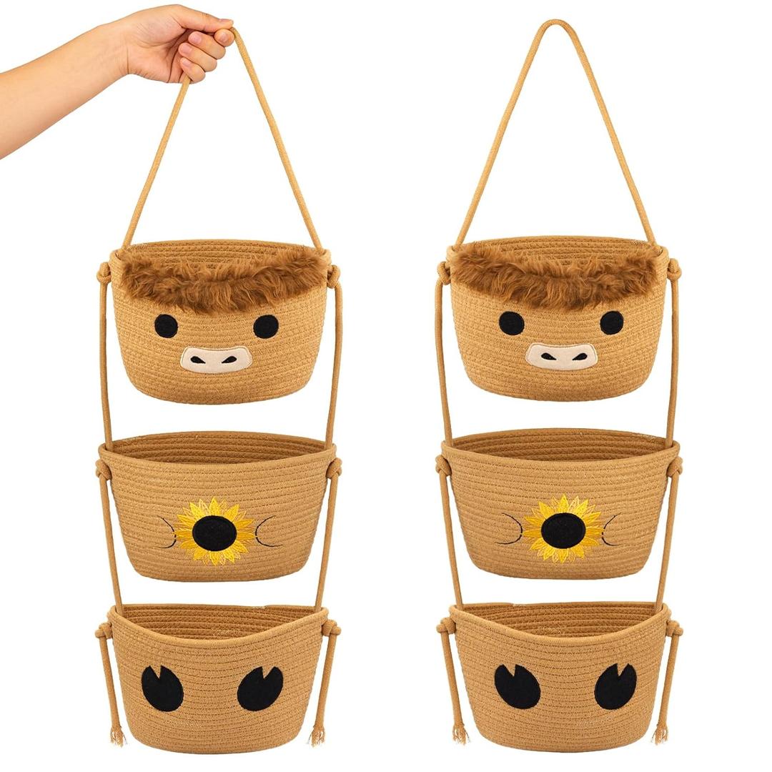 3 Tier Hanging Highland Cow Fruit Basket-Woven Cotton Wall Basket, Hanging Oval Produce Over Door Decorative Vegetable Gift Storage 0rganizer Bin for Kitchen, Bedroom, Bathroom, Nursery