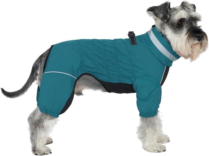 Winter Waterproof Dog Snowsuit Full Body Outdoor Jacket with Leash Ring, Fleece Lining, Windproof Reflective 4-Leg Dog Coat for Small to Large Dogs Teal Blue (M (Back Length 13.5")