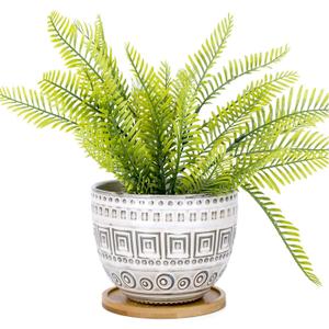 VanEnjoy 5.5 inch Large Round Bohemian Style Ceramic Planter, Geometry Engrave Off White Brown Succulent Planter Flower Pot, Indoor Outdoor Decorative Planter (#04)