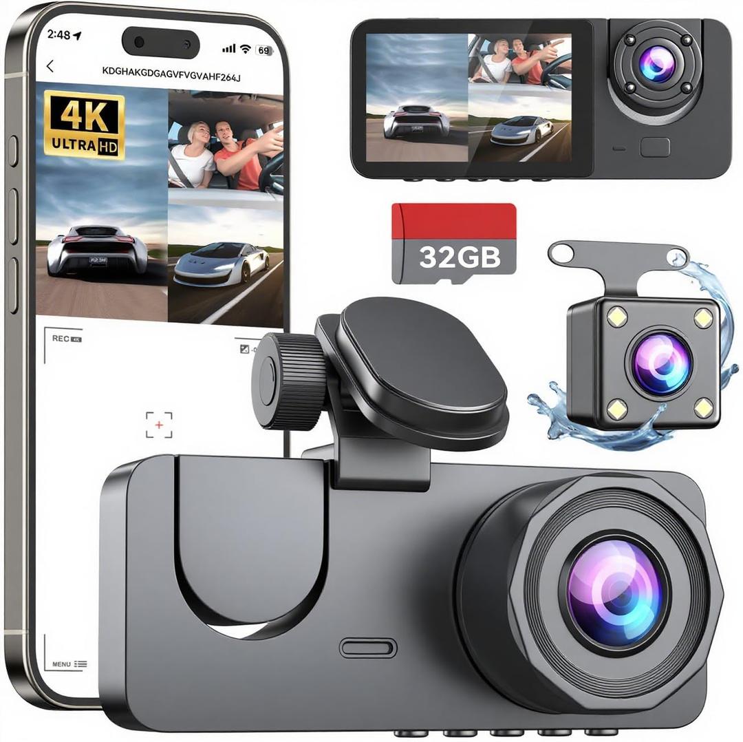 Dash Cam Front and Rear Inside,4K Full HD 3 Channel Dash Camera for Cars, Free 32GB Card, 2'' IPS Dashcam with Night Vision, G-Sensor, 24H Parking Mode, 170Wide Angle, Loop Recording