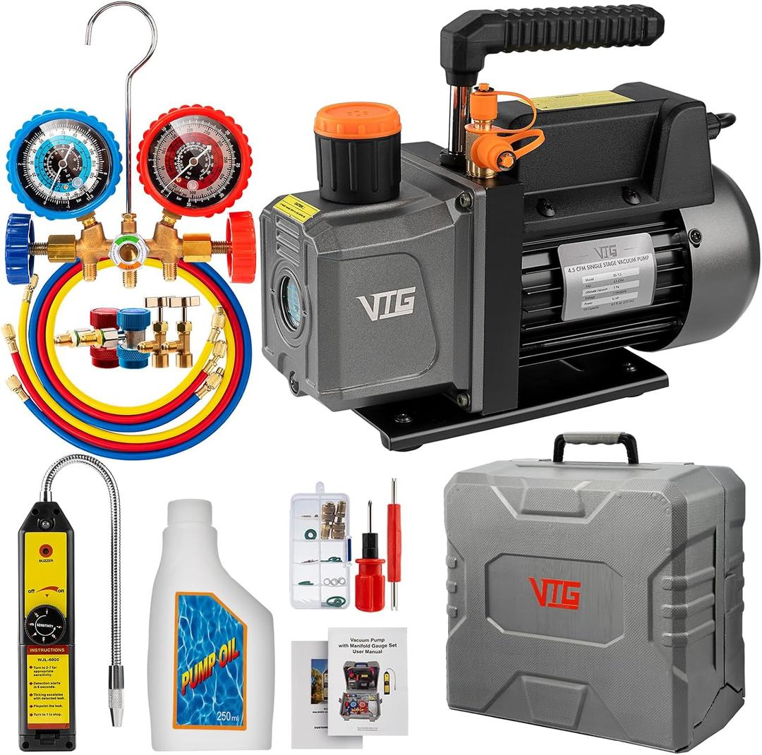 VTG VOGTEN 4.5 CFM AC Vacuum Pump and Gauge Set,for Mini Split/HVAC/Auto Systems,Manifold Gauge Kit Fits R134a R12 R22 R502,with Leak Detector,Upgraded Trifold Storage Case,3 Hoses,2 R134a Can Taps
