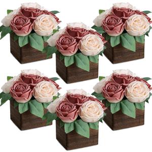 Dining Table Centerpiece Set of 6 - Pre-Made Aritifial Rose with Wooden Vase Fake Floral Arrangment Faux Flower for Wedding Bridal Tea Party Event Decorations - Dusty Pink & Champagne