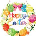 3 x Easter Decoration Wooden Wreath for Front Door Sign Happy Easter Bunny Eggs Spring Decoration, Rabbit Sign Welcome Hanging Wall Signs for Home Wall Decor Party Outdoor Indoor