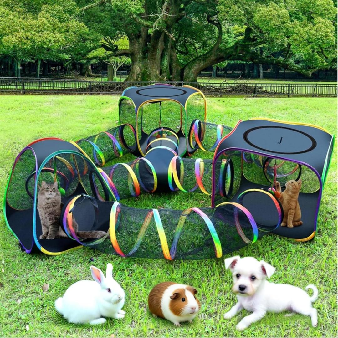 CypherX Outdoor Rainbow Cat Enclosure, 7 in 1 Portable Cat Tents for Outside Cage Free Outside Pet Enclosure Cat Tunnel Outdoor Playground for Indoor Cats and Small Animals