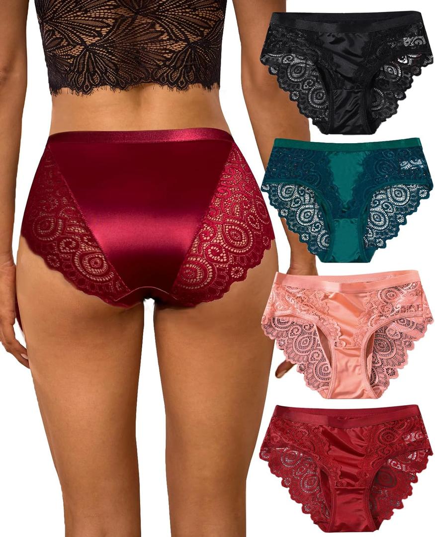 Kingfung Lace Underwear for Women Silky Smooth Hipster Cheeky Mid Waist Bikini Panties for Women Seamless Lacy Undies (X-Large, A-4pack-black/Wine Red/Green/Red Bean Pink)