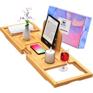 Bathtub Tray - Bath Tray Expandable - Bath Tub Tray Table for Bathtub, Ajustable Size, Fits Most Tubs (Natural Bamboo Wood)