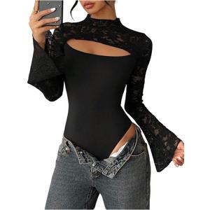 Milumia Women's Sexy Cut Out Lace Bodysuit Bell Sleeve Sheer Leotard Top Small