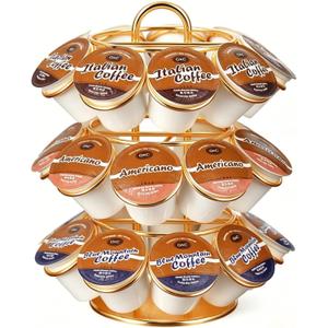 K Cup Holder, Carousel Coffee Pod Holder Compatible with 27 K Cup, Spins 360-Degrees, 3 Tier K Cup Organizer for Kitchen Counter Home or Office Storage, Anti-Slip Base, No Assembly, Gold