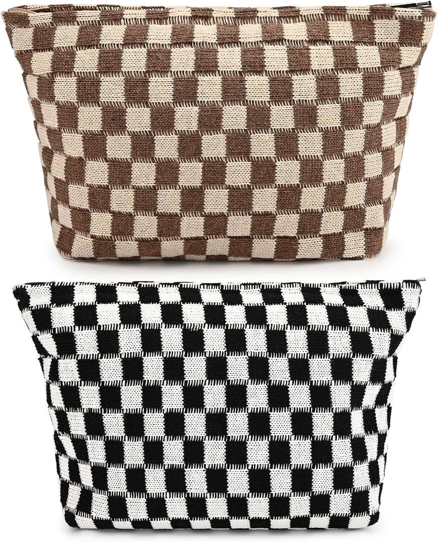 SOIDRAM 2 Pieces Makeup Bag Large Checkered Cosmetic Bag Capacity Canvas Travel Toiletry Bag Organizer Cute Makeup Brushes Aesthetic Accessories Storage Bag for Women, Checkered L Black Brown