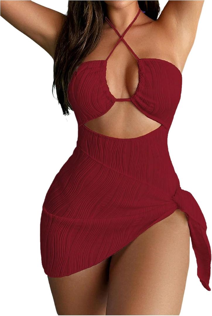 SOLY HUX Women's One Piece Swimsuit Criss Cross Halter Cut Out Bathing Suit with Cover Up (Large)