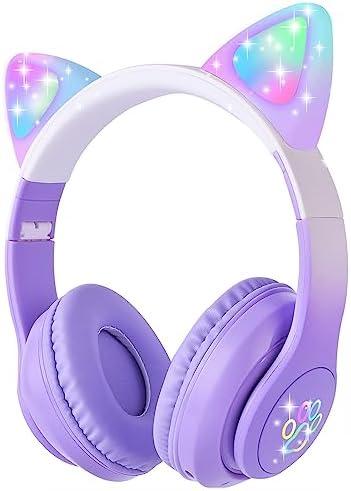 HOYJACY Kids Bluetooth Headphones with LED Cat Ears, Wireless/Wired Mode Headphones for Kids, Foldable Stereo Over Ear Headphones with Built-In Mic for School Birthday Xmas Gift (Purple)