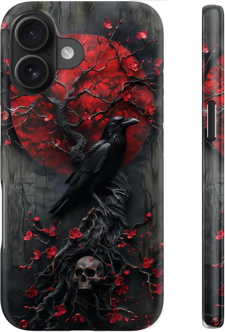 for iPhone 16 Case CuteWireless Charging Compatible Dual-Layer Hard Shell + Silicone Cover - Trendy Wildflower Design Protective Phone Case for Women - Goth Fantasy Raven