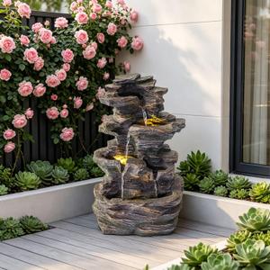 18.7" Tall Rock Stack Freestanding Water Fountain, 4-Tier Cascading Resin Waterfall Feature with LED Light, Indoor/Outdoor Relaxing Water Decor for Home, Office, Patio, Garden
