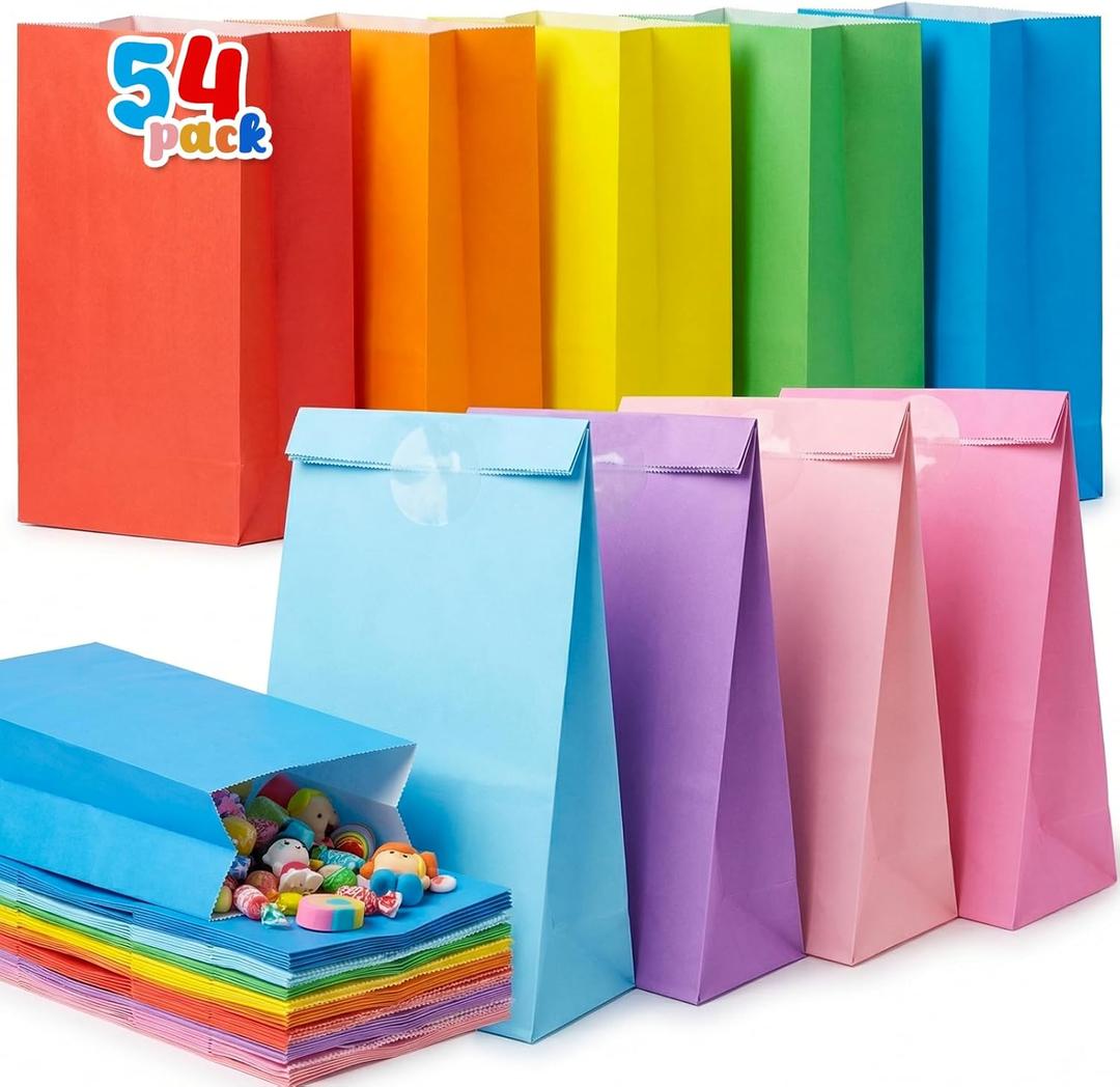 VGOODALL 54 Pack Colored Paper Bags with Stickers - 8.7"x4.7"x3.1" Rainbow Goodie Bags in 9 Vibrant Colors, for Wedding, Kids Birthday, Baby Shower & Gift Packaging