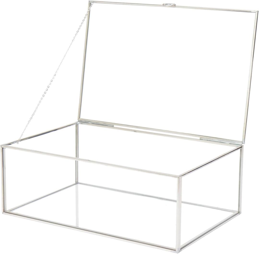 10.8 Glass Jewelry Box Card Box with Hinged Lid, Stainless Steel Keepsake Box for Storage Wedding Card, Trinkets, Photo and More, Cute Glass Box for Women and Girl,Vintage-15612ABXG (Large, Stainless Steel/ Transparent)