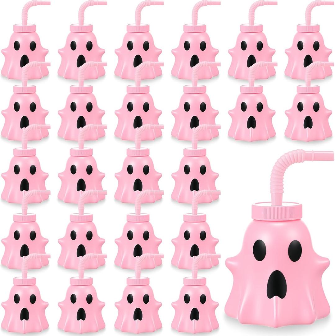 Umigy 24 Pcs Halloween Party Cups for Kids 10 Oz Ghost Shaped Plastic Cups with Lids and Straws Reusable Halloween Decorations for Gifts Party Favors Supplies