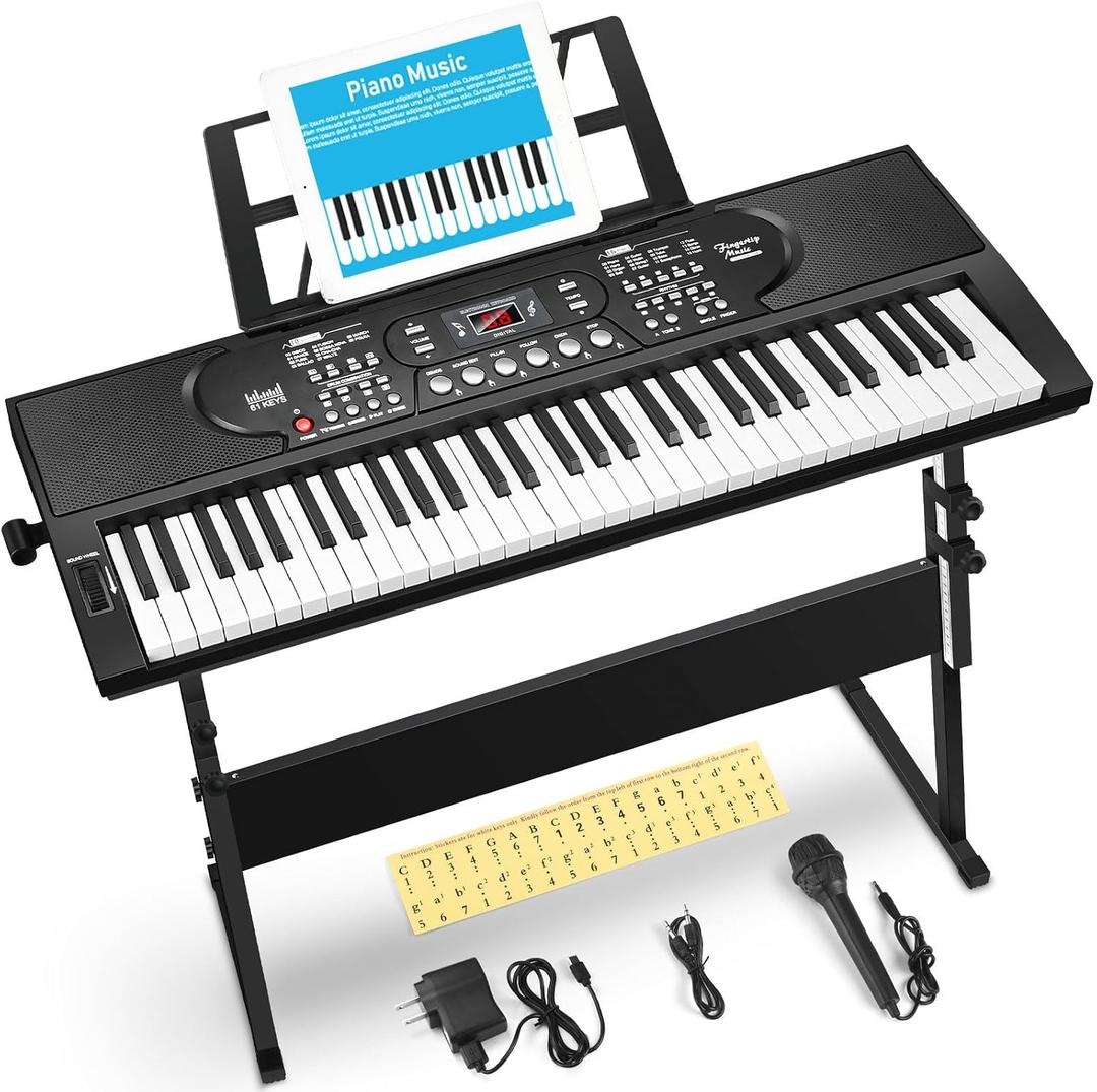 61 Key Keyboard Piano with Stand, Portable Electric Piano Keyboard Kit for Beginners with Stand, Microphone,Note Stickers, Music Rest, Digital Music Keyboard Built-In Speakers, 31.5 X 10.4 X 3 Inches