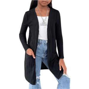 SHENHE Girl's Open Front Casual Cardigan Soft Knit Long Cardigan Sweater with Pockets Black, Size: 11 Years